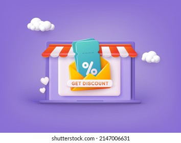 Discount. Store special offers advertisement. Markdown program, loyalty program, promotional mix metaphors. 3D Web Vector Illustrations.