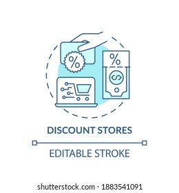 Discount stores concept icon. Saving money on buying clothing idea thin line illustration. Discount superstore. Using cut-pricing techniques. Vector isolated outline RGB color drawing. Editable stroke