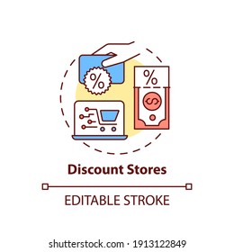 Discount stores concept icon. Saving money on buying clothing idea thin line illustration. Retail outlets. Using cut-pricing techniques. Vector isolated outline RGB color drawing. Editable stroke