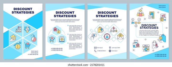 Discount strategies blue brochure template. Business plan. Leaflet design with linear icons. Editable 4 vector layouts for presentation, annual reports. Arial-Black, Myriad Pro-Regular fonts used