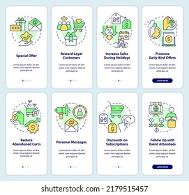 Discount strategy onboarding mobile app screen set. Sales walkthrough 4 steps editable graphic instructions with linear concepts. UI, UX, GUI template. Myriad Pro-Bold, Regular fonts used