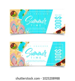 Discount Summer Gift Voucher. Design of coupon usable for invitation and ticket. Top view on holiday decoration on wooden texture. Vector illustration with seasonal offer.