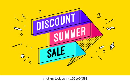 Discount Summer Sale. 3d sale banner with text Discount Summer Sale for emotion, motivation. Modern 3d colorful web template on black backdrop. Design elements for sale, discount. Vector Illustration