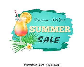 Discount summer sale banner isolated vector. Cocktail with cool beverage, orange slice and straw for drinking. Flower and tropical leaves decoration