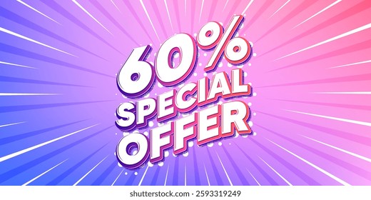 Discount sun rays gradient banner. Light burst background. 60 percent discount offer tag. Sale price promo sign. Special offer symbol. Gradient sun rays. Sunburst light. Vector