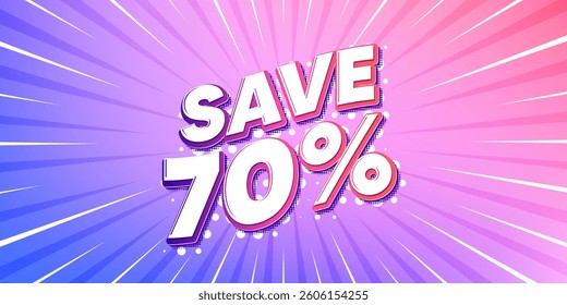 Discount sun rays gradient banner. Light burst background. Save 70 percent off tag. Sale Discount offer price sign. Special offer symbol. Gradient sun rays. Sunburst light. Vector