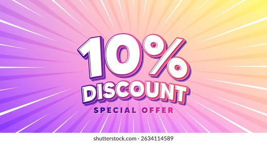 Descuento rayos solares gradiente Anuncio. Fondo de ráfaga de luz. 10 por ciento de descuento. Venta oferta signo de Precio. Símbolo de oferta especial. Rayos de sol degradados. Luz de rayos solares. Vector