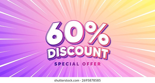 Discount Sonnenstrahlen Farbverlauf Banner. Heller burst Hintergrund. 60 Prozent Rabatt. Preisschild des Verkaufsangebots. Sonderangebotszeichen. Farbverlauf-Sonnenstrahlen. Sonnenaufgangslicht. Vektorgrafik
