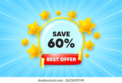Bannière à rayon de soleil à prix réduit. Ruban drapeau d'offre directe. Enregistrer 60 % de réduction sur l'étiquette. Sale Discount offre signe de prix. Symbole d'offre spéciale. Des étoiles 3d scintillent. Étiquette ruban rouge. Offre de réduction. Image vectorielle