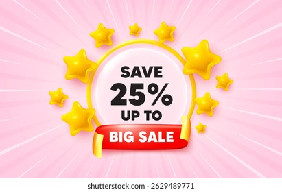 Discount sunburst ray banner. Big sale flag ribbon. Save up to 25 percent tag. Discount Sale offer price sign. Special offer symbol. 3d stars glitter. Red ribbon tag. Discount offer. Vector