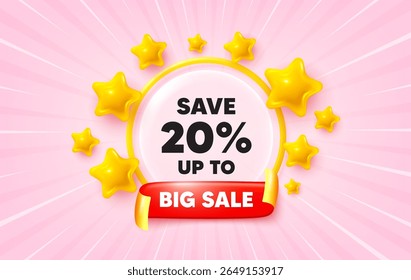 Bannière à rayon de soleil à prix réduit. Ruban de drapeau de grande vente. Enregistrer Jusqu'à 20 % de marqueur. Remise Offre de vente signe de prix. Symbole d'offre spéciale. Des étoiles 3d scintillent. Étiquette ruban rouge. Offre de réduction. Image vectorielle