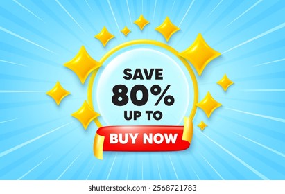 Discount sunburst ray banner. Buy now flag ribbon. Save up to 80 percent tag. Discount Sale offer price sign. Special offer symbol. 3d stars glitter. Red ribbon tag. Discount offer. Vector