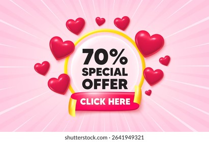 Discount sunburst ray banner. Click here flag ribbon. 70 percent discount offer tag. Sale price promo sign. Special offer symbol. 3d hearts glitter. Red ribbon tag. Discount offer. Vector