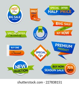 Discount super sale special offer retro color origami ribbon banner set isolated vector illustration