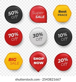 Discount tag 10,20,30,40,50,70 percent. 3D round offer sticker icon. Promotional discount symbol. Save money 70%. Set of discount labels for trade marketing and advertising. Vector illustration.