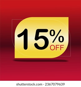 discount tag, 15% off fifteen percent off, red background, yellow tag