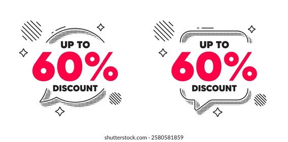 Discount tag chat speech bubble. Social media concept. Up to 60 percent discount. Sale offer price sign. Special offer symbol. Save 60 percentages. Line design chat bubble. Vector