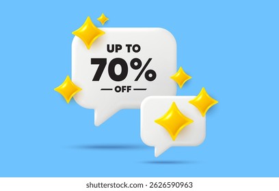 Burbuja de discurso de chat de etiqueta de descuento. Concepto de medios sociales. Hasta un 70 por ciento de descuento. Muestra de Precio de oferta de descuento. Símbolo de oferta especial. Guardar 70 porcentajes. Burbuja de chat de destellos 3D. Vector