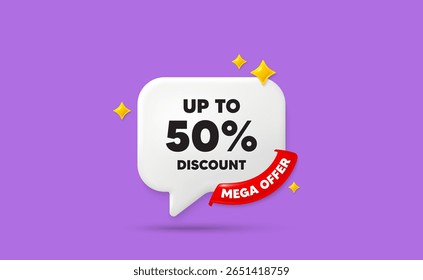 Discount tag chat speech bubble. Mega offer flag ribbon. Up to 50 percent discount. Sale offer price sign. Special offer symbol. Save 50 percentages. 3d sparkle stars speech bubble. Vector