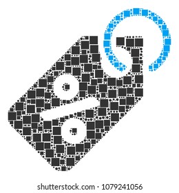 Discount Tag composition icon of squares and circle particles in various sizes. Vector items are united into discount tag composition design concept.