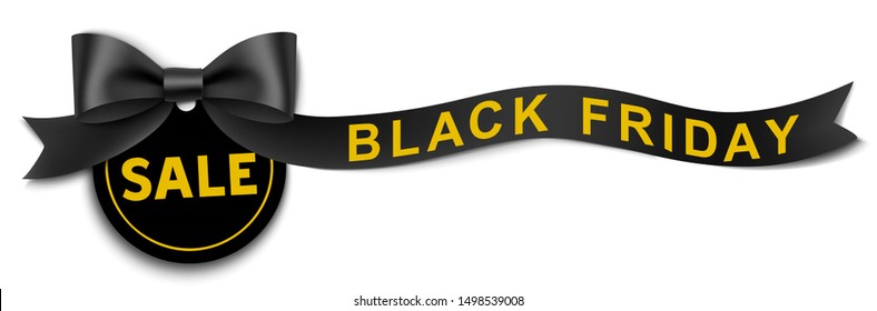 Discount tag with decorative long black ribbon and bow isolated on white background. Black Friday Sale design. Vector illustration