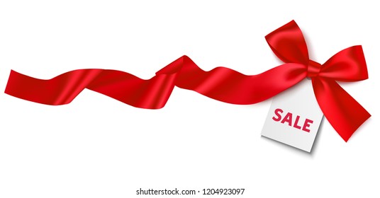 Discount tag with decorative long red ribbon and bow isolated on white. Black Friday Sale design. Vector illustration