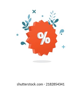 Discount tag design in 3D style with floral elements. Discount tag for sales in retail. Online sales. Vector illustration.