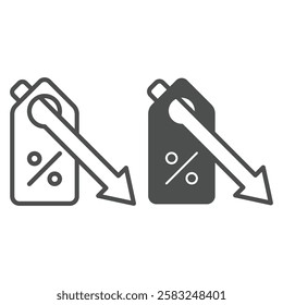 Discount tag with down arrow line and solid icon, price fall concept. Vector graphics. Percent label with arrow sign on white background, outline style icon for mobile or web design