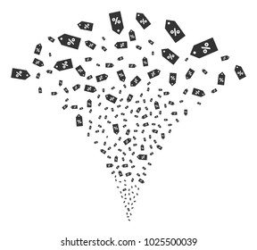 Discount Tag exploding fountain. Vector illustration style is flat iconic symbols. Object fountain combined from random pictographs as discount tag fireworks.