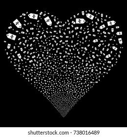 Discount Tag fireworks with heart shape. Vector illustration style is flat white iconic symbols on a black background. Object love heart organized from confetti symbols.
