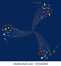 Discount Tag fireworks swirl rotation. Vector illustration style is flat bright multicolored iconic symbols on a blue background. Object whirlpool done from random design elements.
