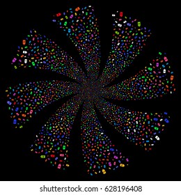 Discount Tag fireworks swirl rotation. Vector illustration style is flat bright multicolored iconic symbols on a black background. Object spiral created from random pictographs.