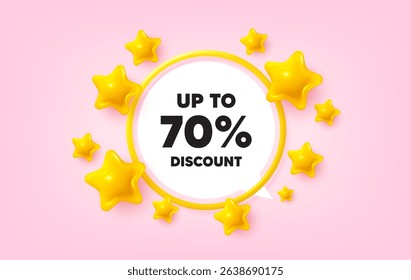 Discount tag frame banner. Speech bubble offer. Up to 70 percent discount. Sale offer price sign. Special offer symbol. Save 70 percentages. 3d stars glitter tag. Golden frame banner. Vector