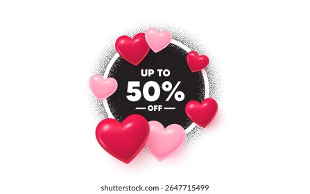 Discount tag frame love banner. Circle photo frame. Up to 50 percent off sale. Discount offer price sign. Special offer symbol. Save 50 percentages. 3d hearts balloons. Grain dots pattern. Vector
