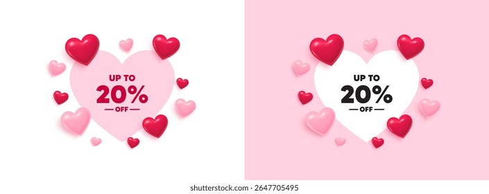 Discount tag heart shaped banner. 3d flying hearts. Up to 20 percent off sale. Discount offer price sign. Special offer symbol. Save 20 percentages. Valentines day greeting card. Vector