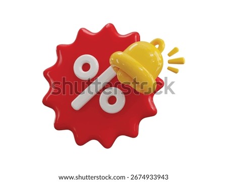 Discount tag icon with notification bell icon 3d render concept of online sales discount coupon with an excellent offer for shopping, special offer promotion price tag icon vector illustration
