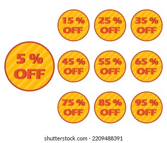 Discount tag icon set. Discount label isolated on white background. Sale sticker in retro color palette. Sale banner with different price cut percent. Vintage red sale tag. Vector illustration
