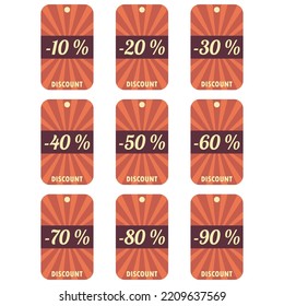Discount tag icon set. Discount label isolated on white background. Sale sticker in retro color palette. Sale banner on sunburst background. Vintage sale tag with retro sun. Vector illustration