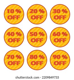 Discount tag icon set. Discount label isolated on white background. Sale sticker in retro color palette. Sale banner with different price cut percent. Vintage red sale tag. Vector illustration