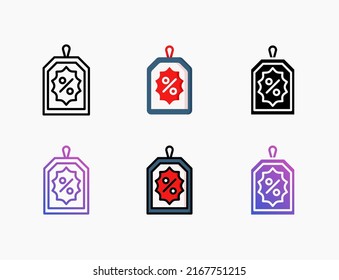 Discount Tag icon set with line, outline, flat, filled, glyph, color, gradient. Editable stroke and pixel perfect. Can be used for digital product, presentation, print design and more.