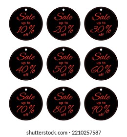 Discount tag icon set. Sale label isolated on white background. Black Friday sales tag. Sale banner with different price cut percent. Price tags in black color with red text. Vector illustration