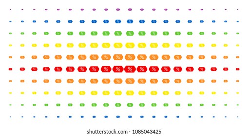 Discount tag icon spectrum halftone pattern. Vector discount tag symbols are organized into halftone matrix with vertical spectral gradient. Designed for backgrounds, covers,