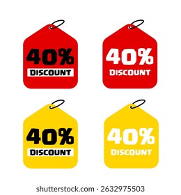 Ícones de marca de desconto. Quarenta por cento de desconto. Rótulos vetoriais vermelhos amarelos. Texto em negrito de 40%.