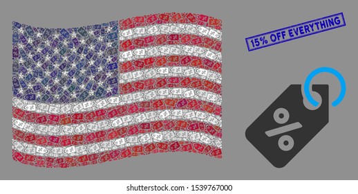 Discount tag items are grouped into USA flag stylization with blue rectangle distressed stamp watermark of 15% Off Everything caption.
