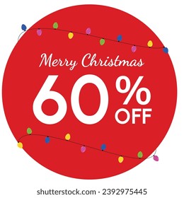 Discount tag with 'Merry Christmas' highlighted, surrounded by a red circle. Yellow, magenta, blue, and green fairy lights add a festive touch to the Christmas promotion.