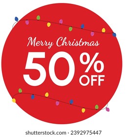 Discount tag with 'Merry Christmas' highlighted, surrounded by a red circle. Yellow, magenta, blue, and green fairy lights add a festive touch to the Christmas promotion.