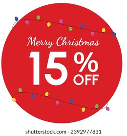 Discount tag with 'Merry Christmas' highlighted, surrounded by a red circle. Yellow, magenta, blue, and green fairy lights add a festive touch to the Christmas promotion.