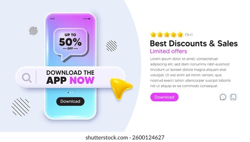 Discount tag mobile phone banner. App chat speech bubble. Up to 50 percent off sale. Discount offer price sign. Special offer symbol. Save 50 percentages. Phone template with search bar. Vector