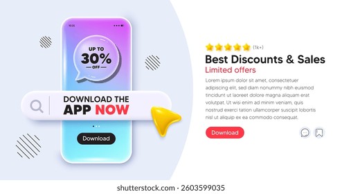 Discount tag mobile phone banner. App chat speech bubble. Up to 30 percent off sale. Discount offer price sign. Special offer symbol. Save 30 percentages. Phone template with search bar. Vector