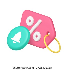 Marca de desconto e ícone de sino de notificação para sites de comércio eletrônico e aplicativos de compras. Representa venda, alerta, promoção, oferta e redução de preço. Ilustração de vetor realista ícone 3d moderno.